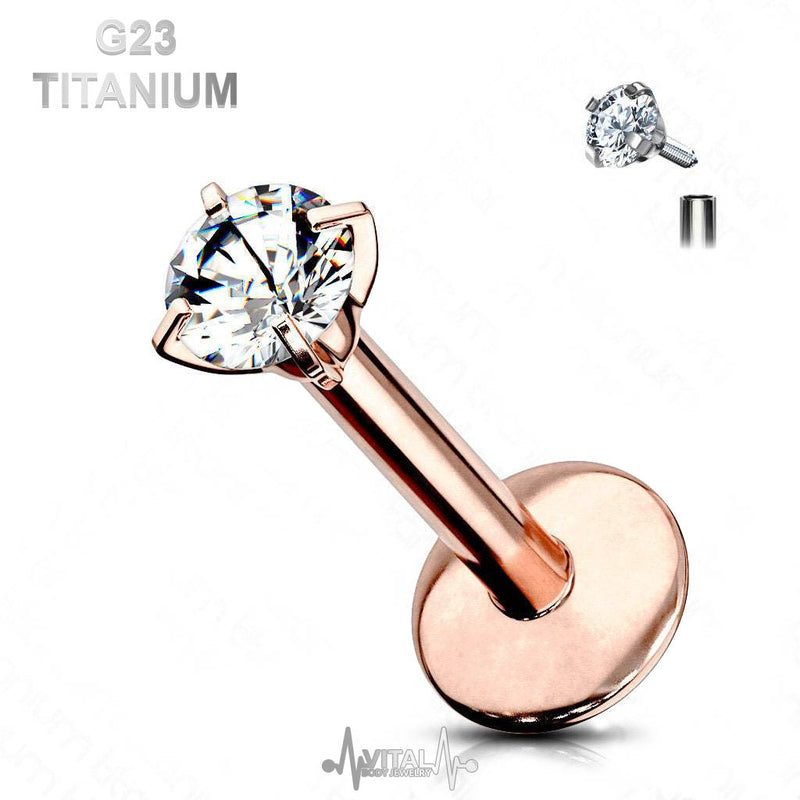 16G titanium labret stud with 3mm cubic zirconia gem for lip piercing, internally threaded design ensures comfort and security.