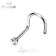 18G titanium corkscrew nose stud with 2mm cubic zirconia gem for added sparkle and secure fit