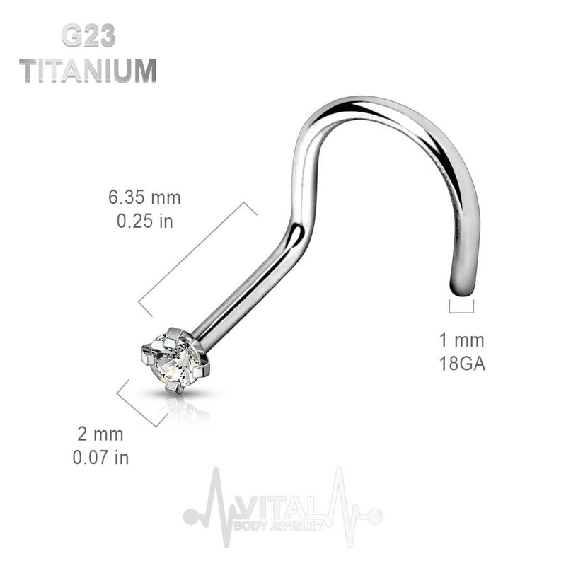 18G titanium corkscrew nose stud with 2mm cubic zirconia gem for a secure and elegant look.