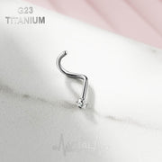18G titanium corkscrew nose stud with 2mm cubic zirconia gem for a secure and elegant fit.