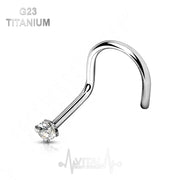 18G titanium corkscrew nose stud with 2mm cubic zirconia gem for a secure and elegant look.