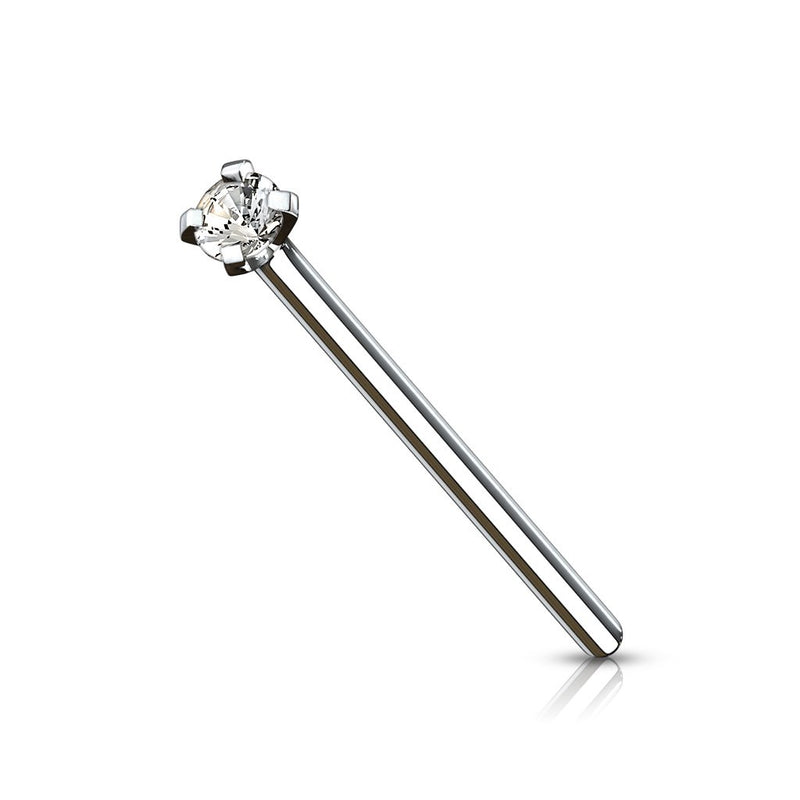 18G titanium nose stud with 2mm cubic zirconia gem, designed for comfort with L-bend or corkscrew options.