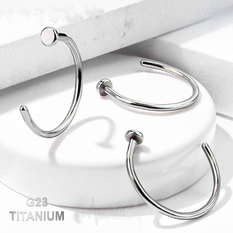 18G titanium adjustable open hoop nose ring with a smooth 2mm disk for customizable comfort and style.