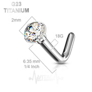 20G titanium L-bend nose stud with 2mm cubic zirconia gem for a sparkling accent in a comfortable design