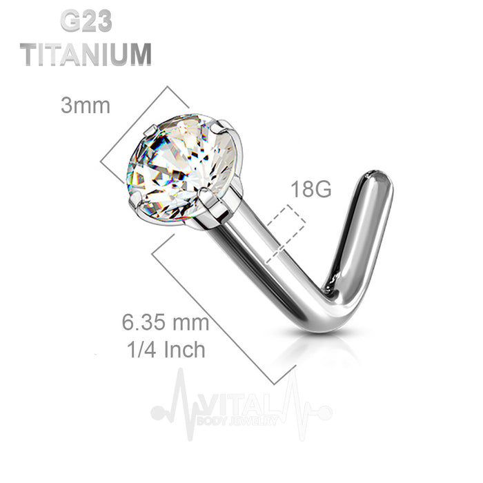 Titanium Nose Ring Stud, 3mm & 2mm Prong-Set, Cubic Zirconia Clear Diamond Gem, L Shape Bend - Vital Body Jewelry
