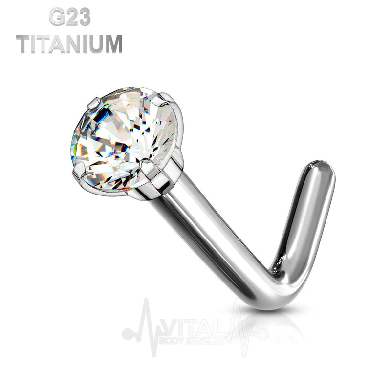 20G titanium L-bend nose stud with 2mm or 3mm prong-set cubic zirconia gem for sparkling elegance