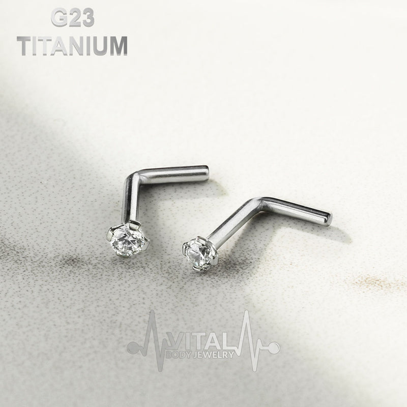 20G titanium L-bend nose stud with 2mm cubic zirconia gem for stylish and comfortable daily wear