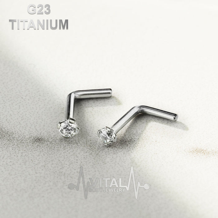 Titanium Nose Ring Stud, 3mm & 2mm Prong-Set, Cubic Zirconia Clear Diamond Gem, L Shape Bend - Vital Body Jewelry