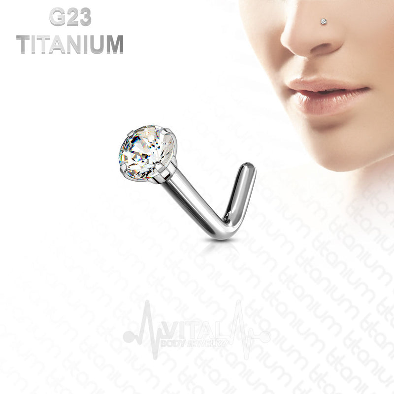 20G titanium L-bend nose stud with 2mm or 3mm cubic zirconia gem for elegant everyday wear