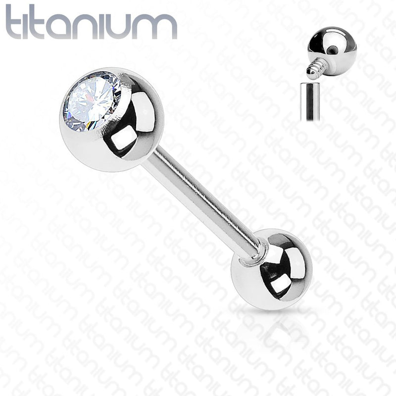 14G titanium barbell with press-fit cubic zirconia clear diamond gem for comfortable body piercing wear