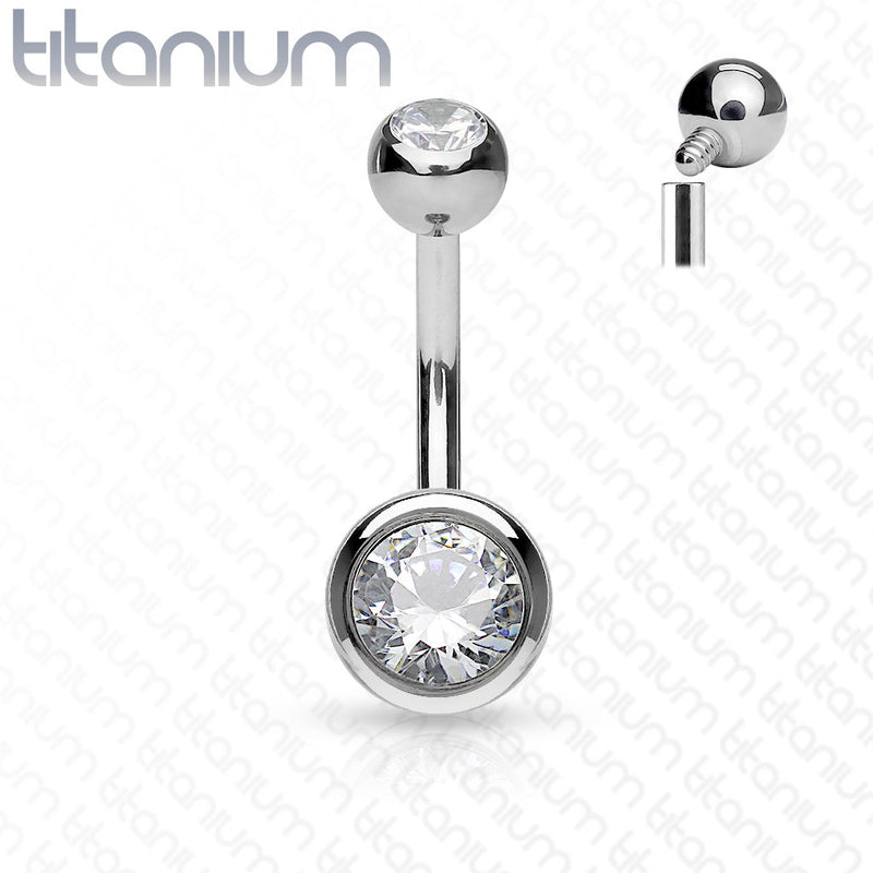 14G titanium navel ring with 5mm and 8mm CZ gem balls, internally threaded for comfortable wear and smooth insertion