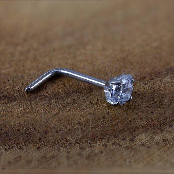 20G L Shaped Nose Ring Stud, 2mm & 3mm Cubic Zirconia Clear Gem, Surgical Steel