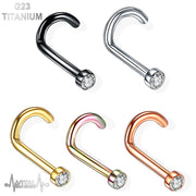 18G titanium corkscrew nose stud with 2mm cubic zirconia gem for secure and comfortable wear, available in multiple finishes