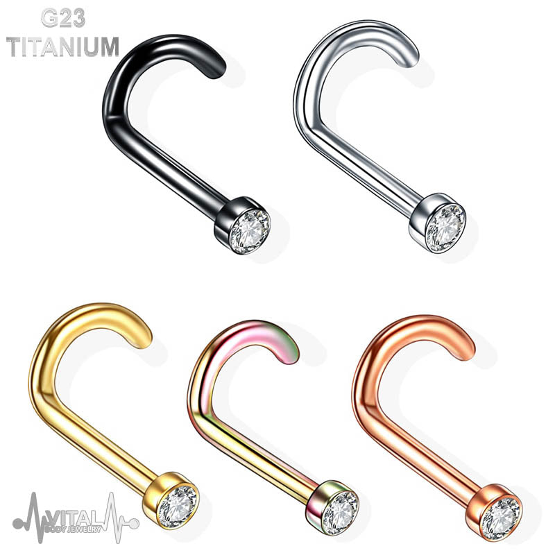 18G titanium corkscrew nose stud with 2mm cubic zirconia gem for secure and comfortable wear, available in multiple finishes