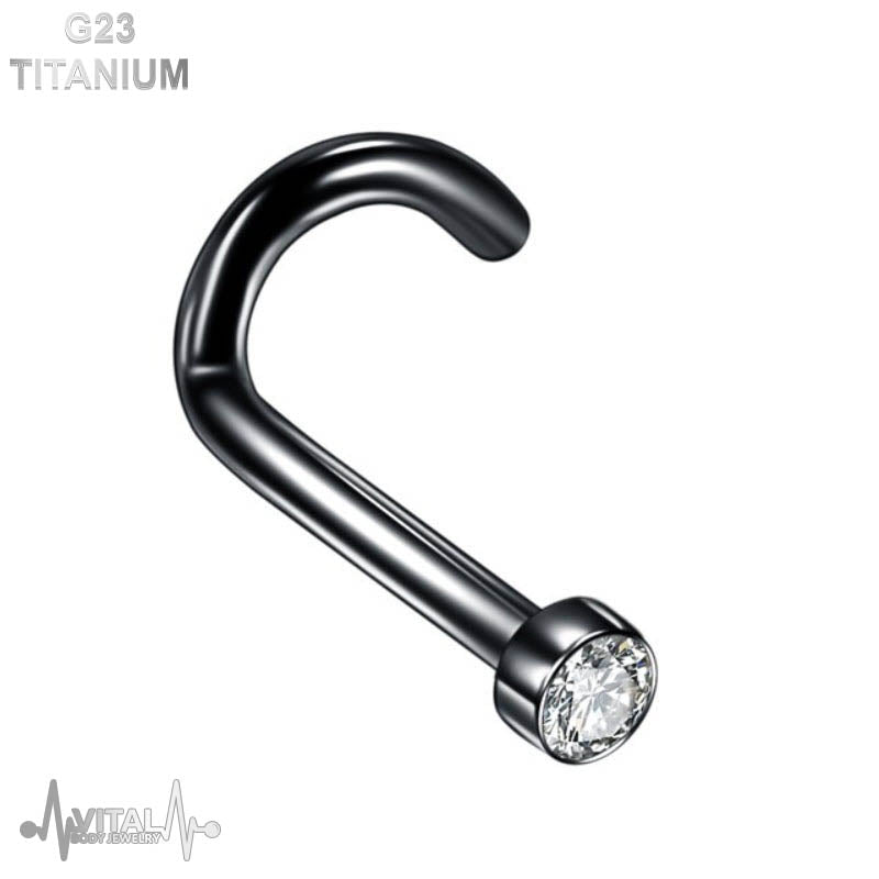 18G titanium corkscrew nose stud with 2mm cubic zirconia gem for secure and stylish wear, available in black finish.
