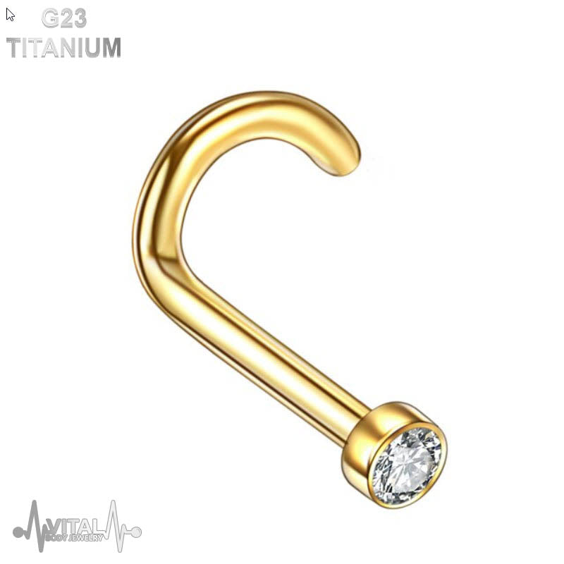 18G titanium corkscrew nose stud with 2mm cubic zirconia gem, available in gold finish for secure and comfortable wear