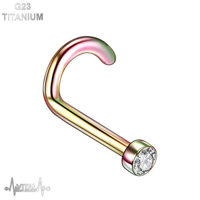 Titanium • Nose Screw Stud, 18G, 2mm Cubic Zirconia, Clear Diamond Gem. Black, Silver, Pink Gold, Gold and Rainbow • Vital Body Jewelry