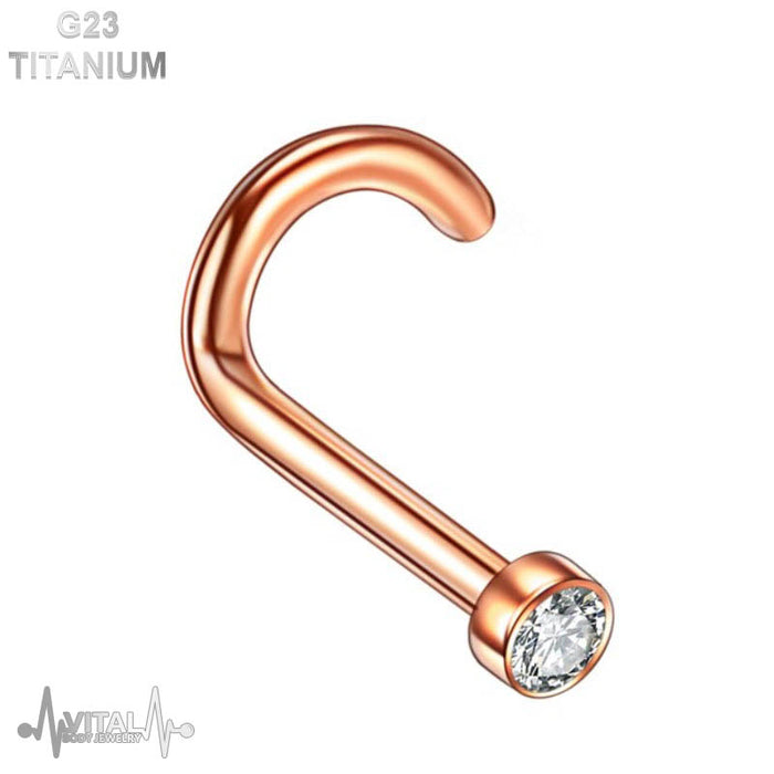 Titanium • Nose Screw Stud, 18G, 2mm Cubic Zirconia, Clear Diamond Gem. Black, Silver, Pink Gold, Gold and Rainbow • Vital Body Jewelry