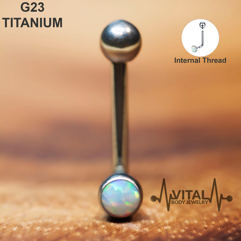 14G titanium vertical hood barbell with white opal gem, elegantly designed for comfort and a secure fit, featuring an internally threaded style.