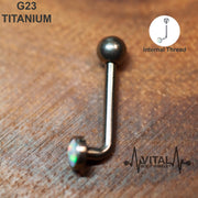 14G titanium vertical hood barbell with white opal gem, featuring internally threaded design for comfort and easy insertion