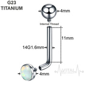 14G titanium vertical hood barbell with white opal, featuring an internally threaded design for comfortable wear.