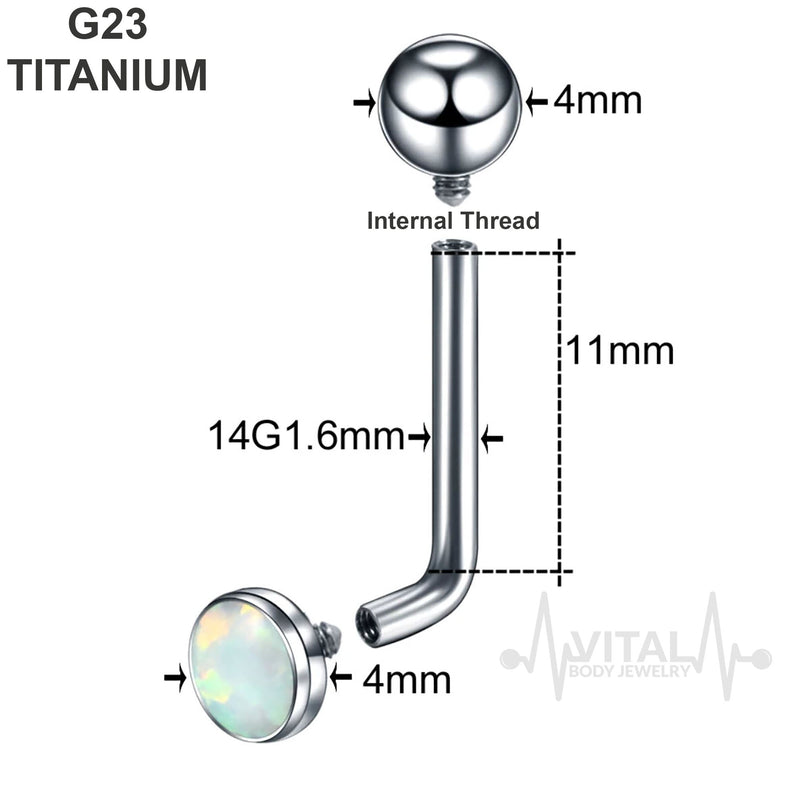14G titanium vertical hood barbell with white opal, featuring an internally threaded design for comfortable wear.