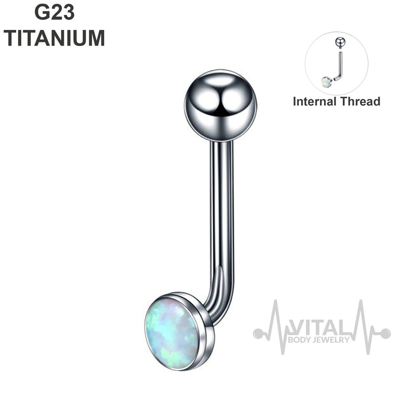 14G titanium vertical hood barbell with white opal gem, internally threaded for comfort and safety. Perfect for sensitive skin.