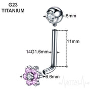14G titanium vertical hood barbell with flower jewel designed for comfort and elegance, suitable for sensitive skin and healing piercings.