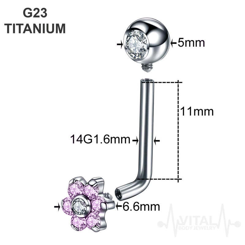 14G titanium vertical hood barbell with flower jewel designed for comfort and elegance, suitable for sensitive skin and healing piercings.