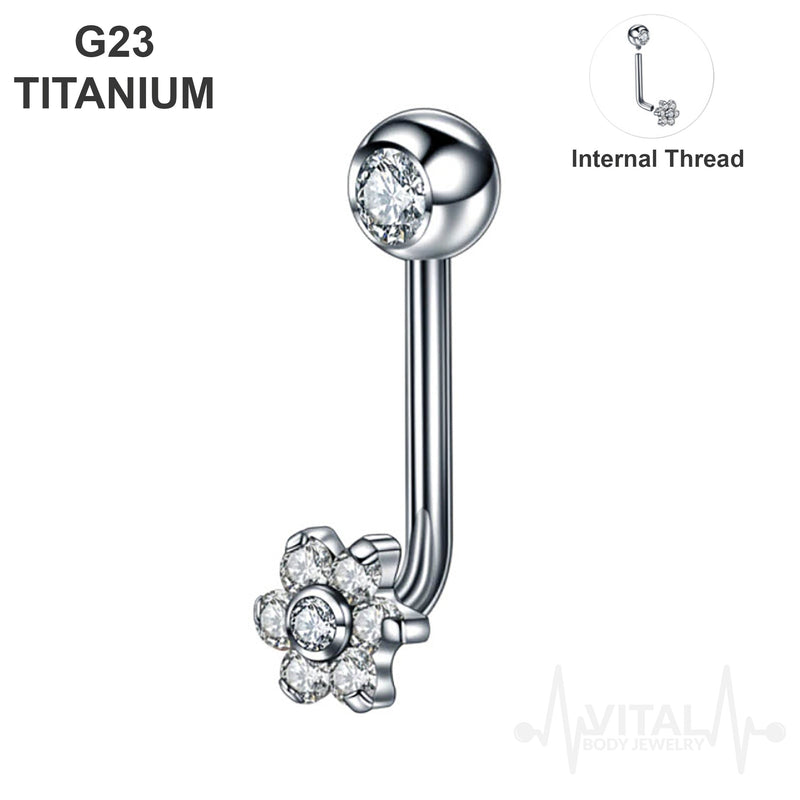 14G titanium vertical hood barbell with flower jewel, elegantly designed for comfort and style, perfect for sensitive skin piercings
