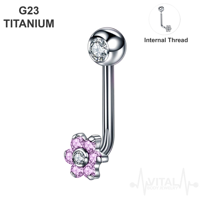 14G titanium vertical hood barbell with flower jewel, internally threaded design for comfort and hygiene.