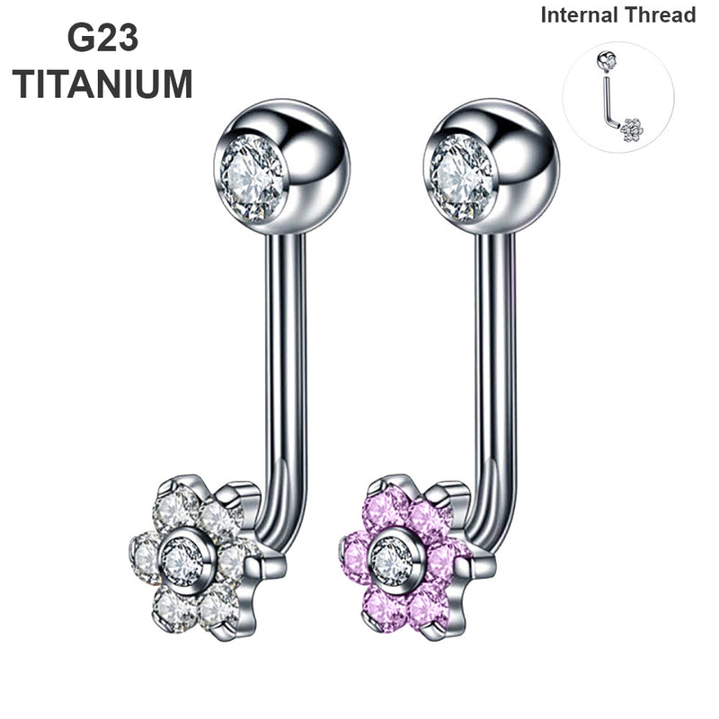 14G titanium vertical hood barbell with flower jewel design, featuring an internally threaded style for comfort and safety
