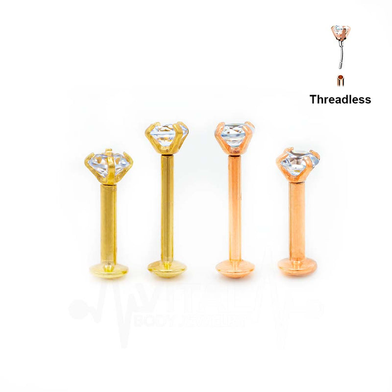 18G and 16G surgical steel labret stud with prong set cubic zirconia gem for effortless wear and secure fit.