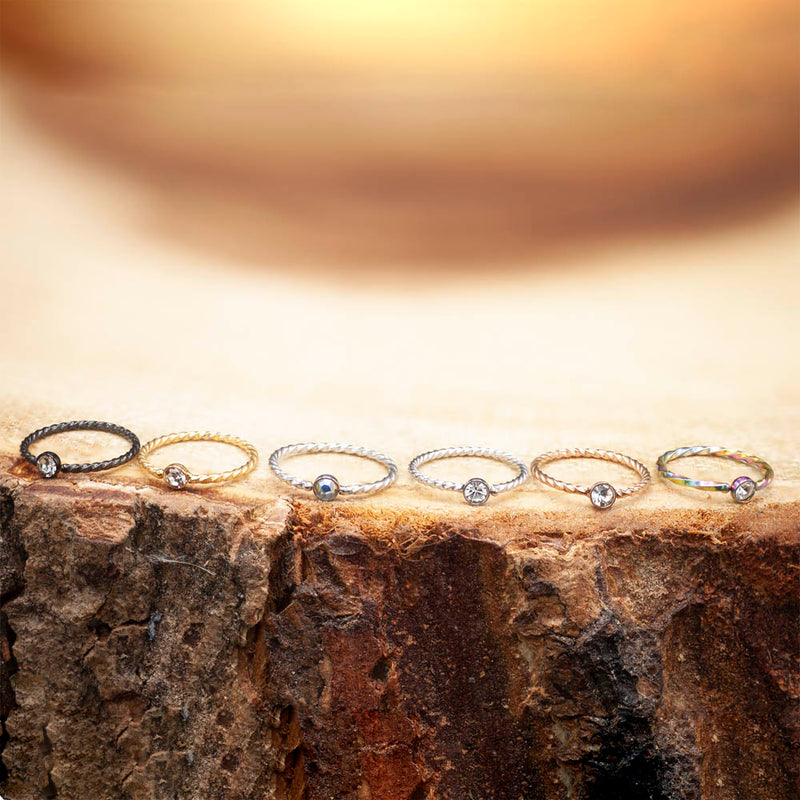 20G PVD coated surgical steel nose ring with twisted design and sparkling cubic zirconia gem ball end