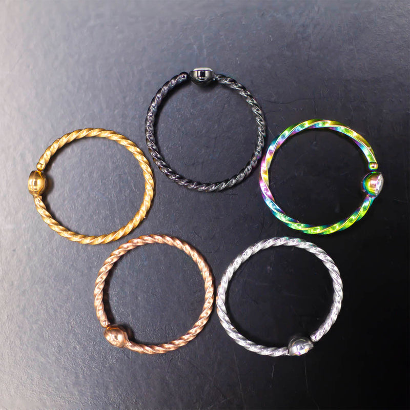 20G PVD coated surgical steel nose ring with twisted design and cubic zirconia gem ball for a stylish look.