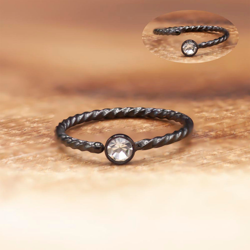 20G PVD Coated Steel Nose Ring - Twisted Design with CZ Gem Ball
