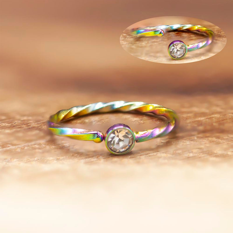 20G PVD Coated Steel Nose Ring - Twisted Design with CZ Gem Ball