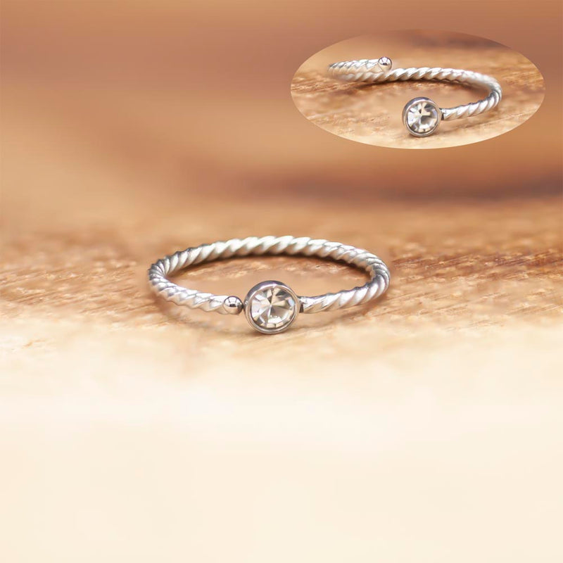 20G PVD Coated Steel Nose Ring - Twisted Design with CZ Gem Ball