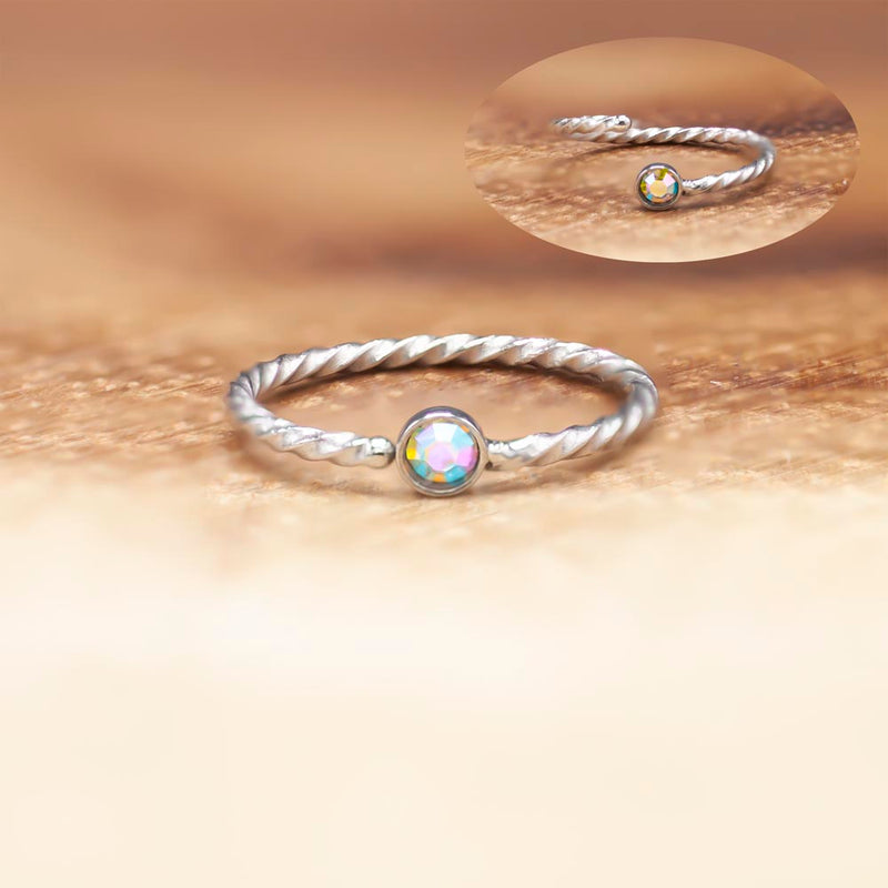 20G PVD Coated Steel Nose Ring - Twisted Design with CZ Gem Ball