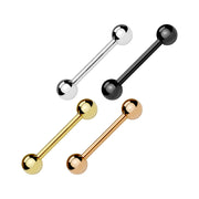 14G PVD coated surgical steel nipple barbell with smooth black finish, designed for comfort and secure fit with externally threaded ends.