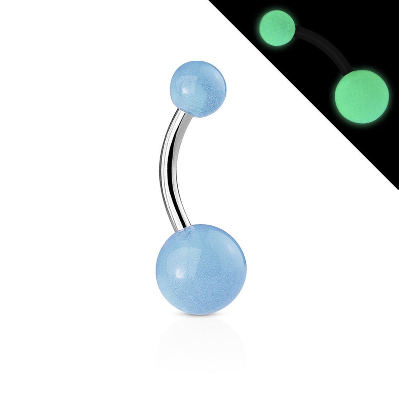 14G surgical steel navel belly button ring with glow in the dark balls, featuring 5mm and 8mm sizes for a fun design.