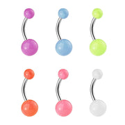 14G surgical steel navel belly button ring with glow in the dark balls, featuring externally threaded design for secure wear