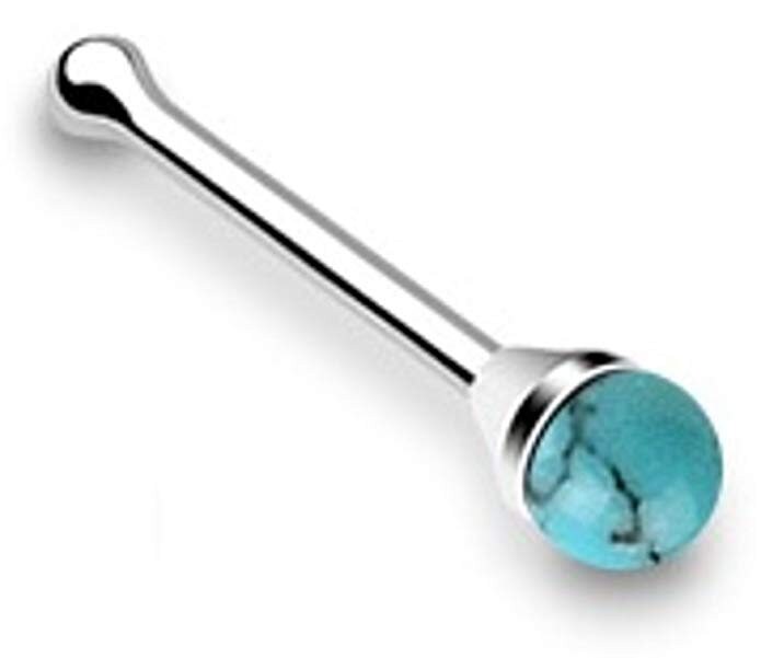 20G sterling silver nose bone stud with semi-precious stones including turquoise, tiger eye, and jade for stylish everyday wear