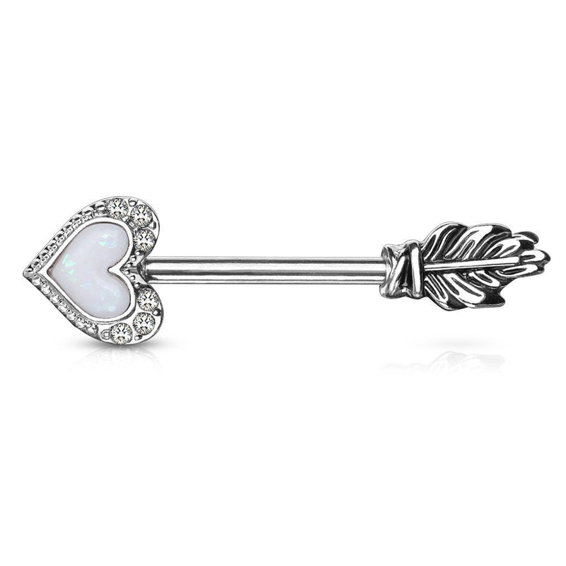 14G surgical steel nipple barbells in arrow heart design with opal and CZ outline for stylish body jewelry enhancement