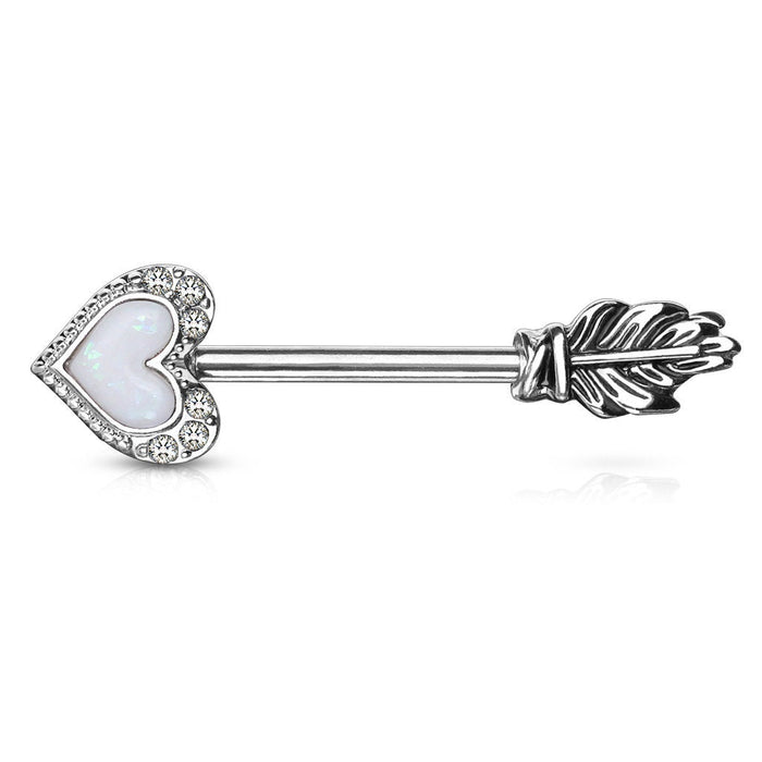 Surgical Steel • Nipple Bar, Arrow Heart, Opal, CZ Outline, Feather End, 14G, Externally Threaded, Sold By Pair Only • Vital Body Jewelry