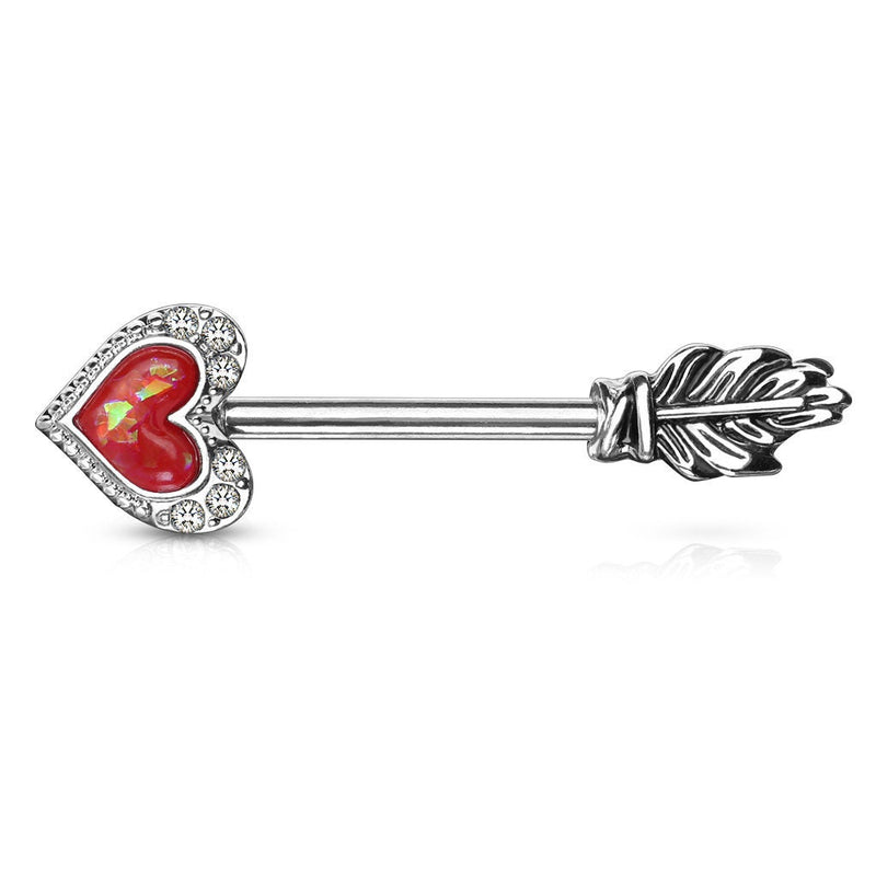 14G surgical steel nipple barbells in arrow heart design with opal and cubic zirconia outline for stylish body jewelry addition