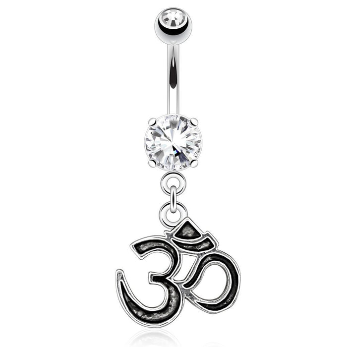 Surgical Steel • Navel Belly Button Ring, 14G, Om Symbol, Casting Style & Outlined Dangle, 5mm CZ, Externally Threaded • Vital Body Jewelry