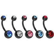 14G PVD coated surgical steel belly button ring with double CZ gems and externally threaded design for easy insertion