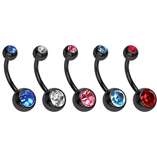 14G PVD coated surgical steel belly button ring with double CZ gems and externally threaded design for easy insertion