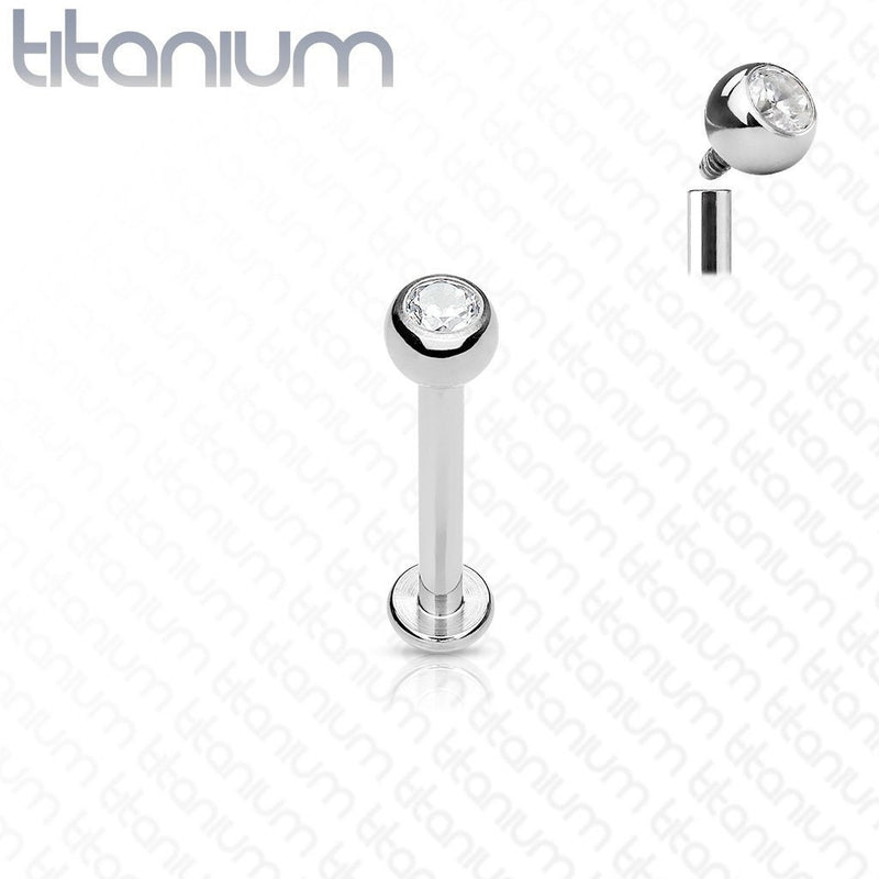 18G titanium labret stud with 3mm cubic zirconia gem, internally threaded for comfortable wear and easy insertion